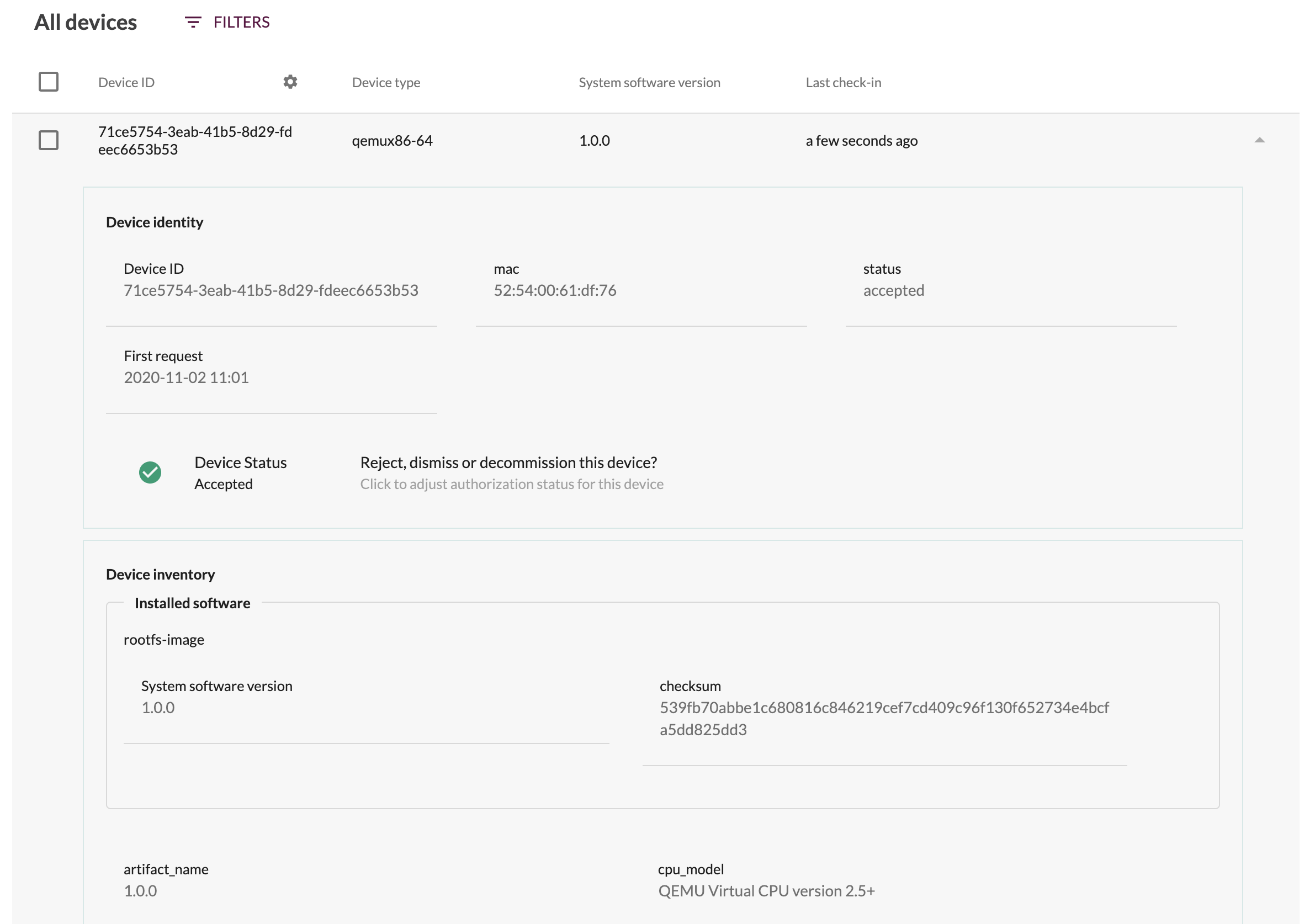 Installed rootfs-image Artifact shown in the Mender UI
